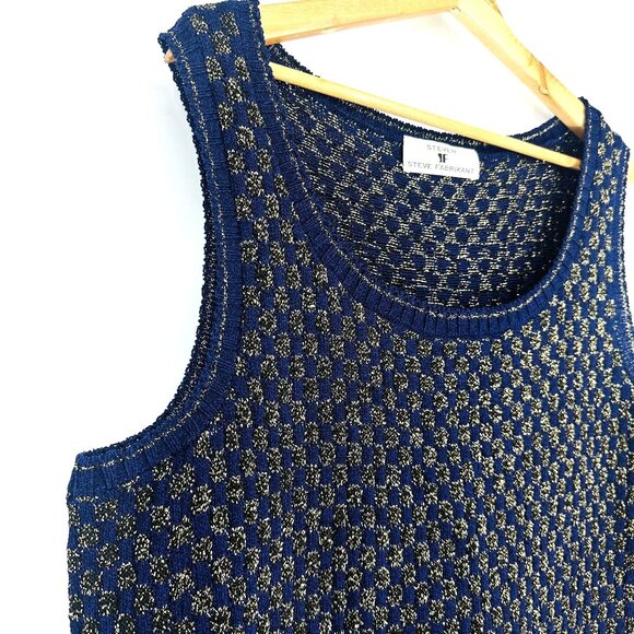 Steve Fabrikant Vintage Blue Gold Metallic Wool  Rayon Sleeveless Tank Top 2X - Picture 3 of 8